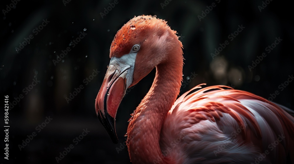 Pink flamingo close up standing with forest background. Generative AI