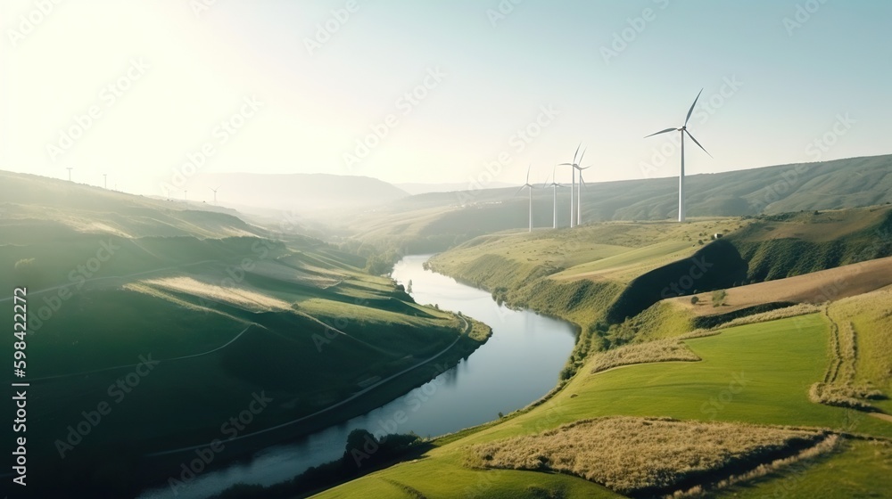 Wind turbines on landscape with green hills and river. Renewable energy concept. Generative AI