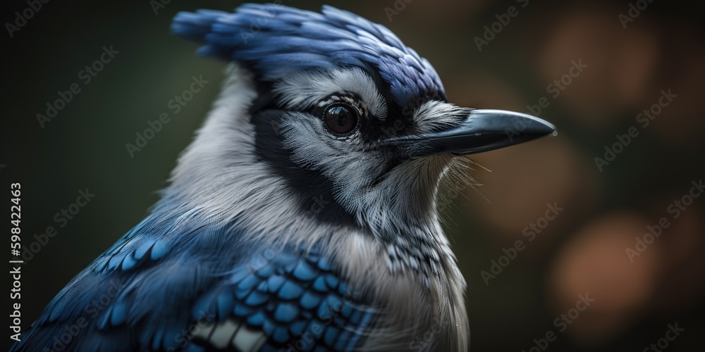 Blue Jay bird closeup with forest background. Generative AI