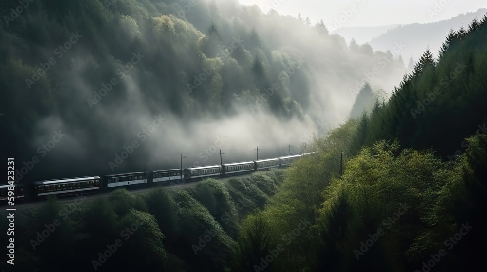 Speed passenger train moving in the mist mountains covered with forest. Generative AI