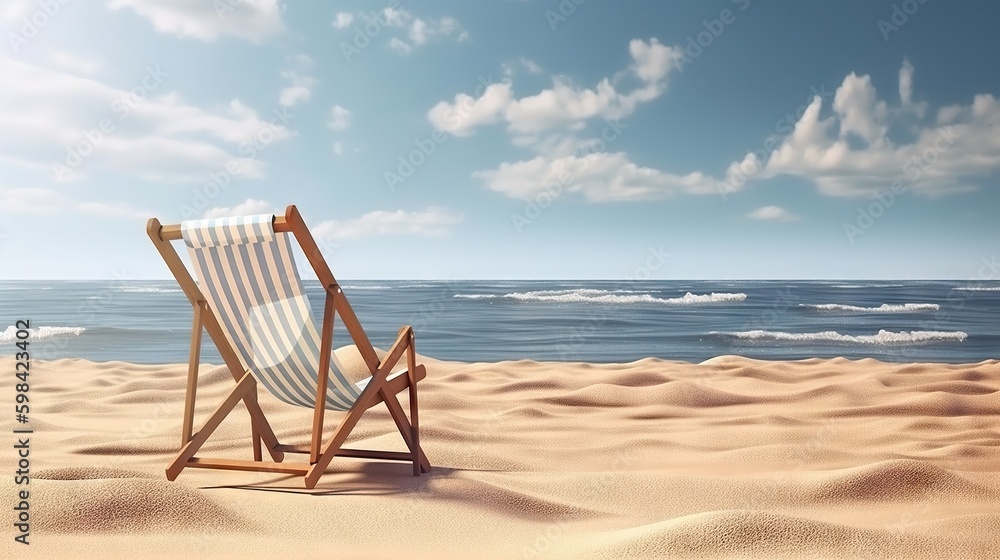 Beach chair on beautiful beach. Sunny day on a ocean shore. Travel paradise concept. Generative AI