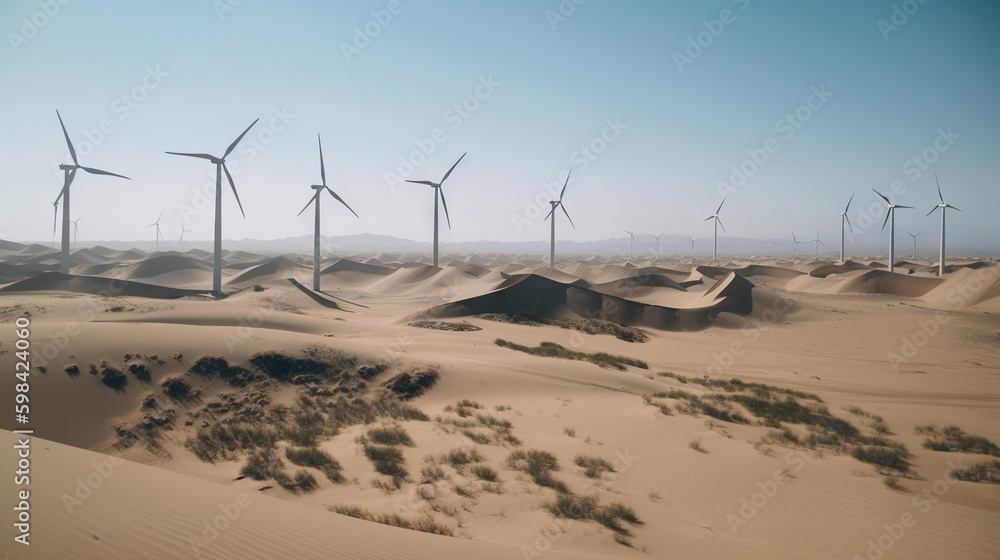 Wind turbines in the desert. Renewable energy concept with sand dunes. Generative AI