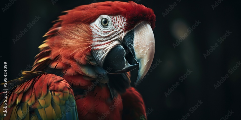 Scarlet macaw parrot on forest background. Generative AI