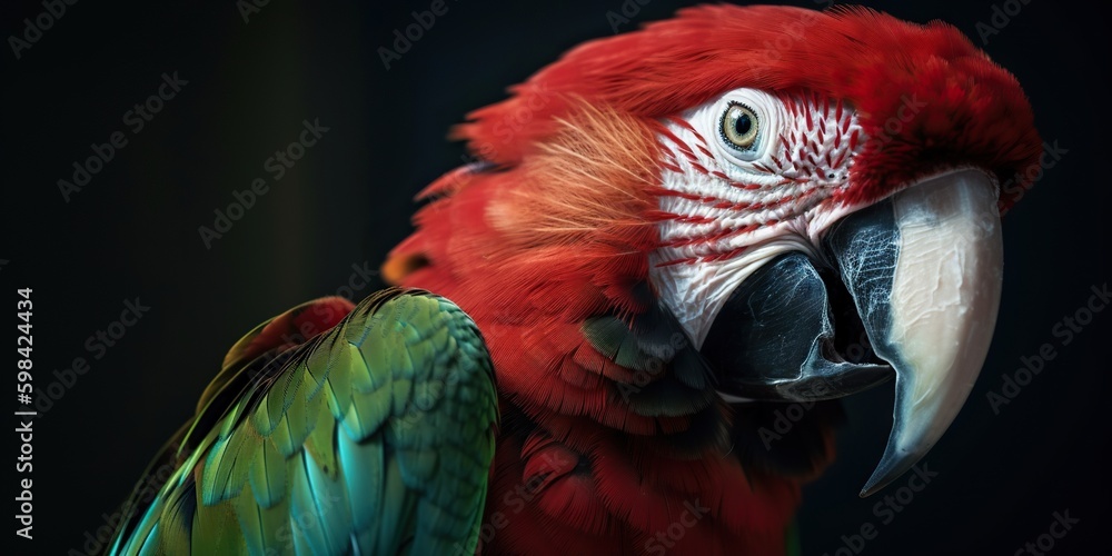 Profile portrait of green-winged macaw parrot. Generative AI