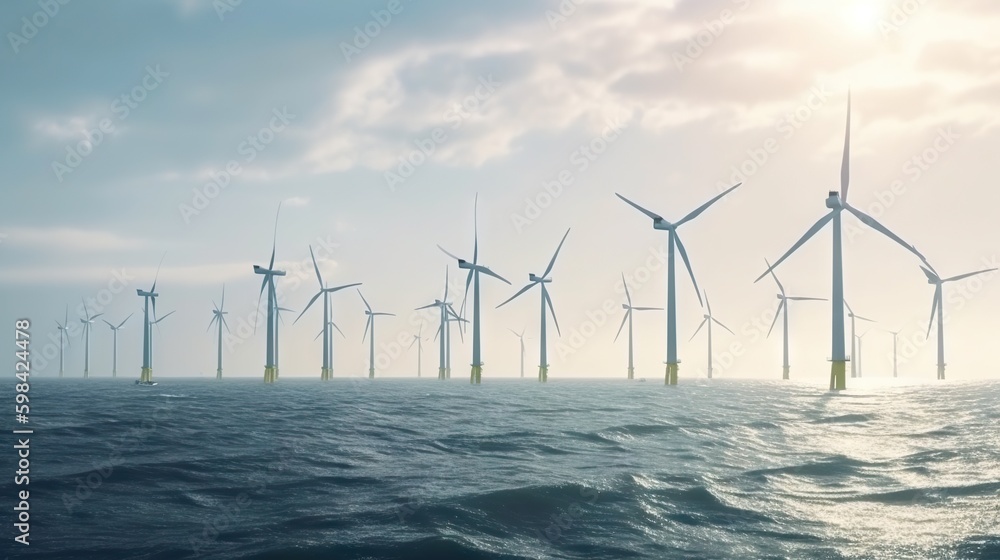 Offshore Windmill farm in the ocean, windmills isolated at sea on a sunny day. Generative AI