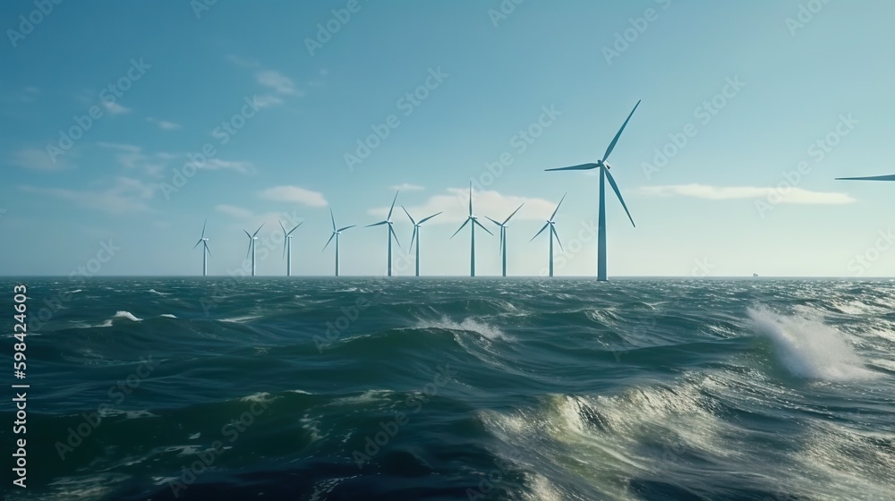 Offshore Windmill farm in the ocean, windmills isolated at sea on a sunny day. Generative AI