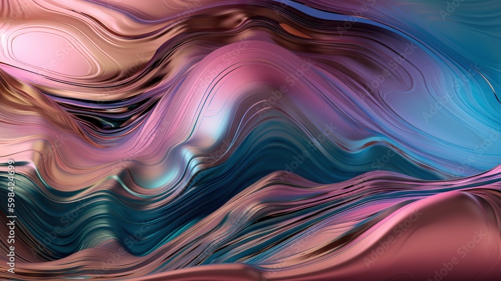 Wavy holographic foil. Neon gradient crumpled surface. Dreamy Y2K background. Generative AI