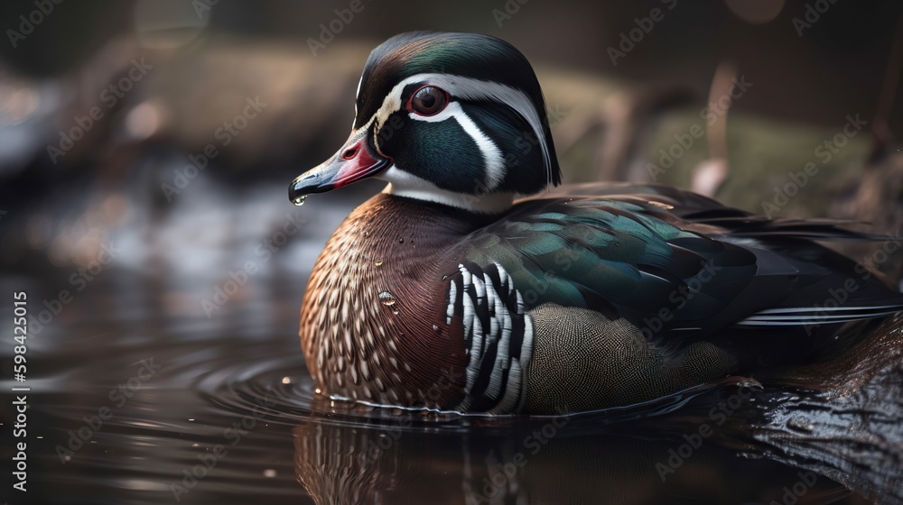 A wood duck bird portrait. Blurry background. Generative AI