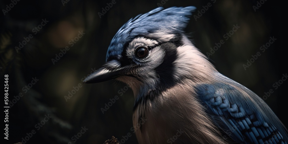 Blue Jay bird closeup with forest background. Generative AI