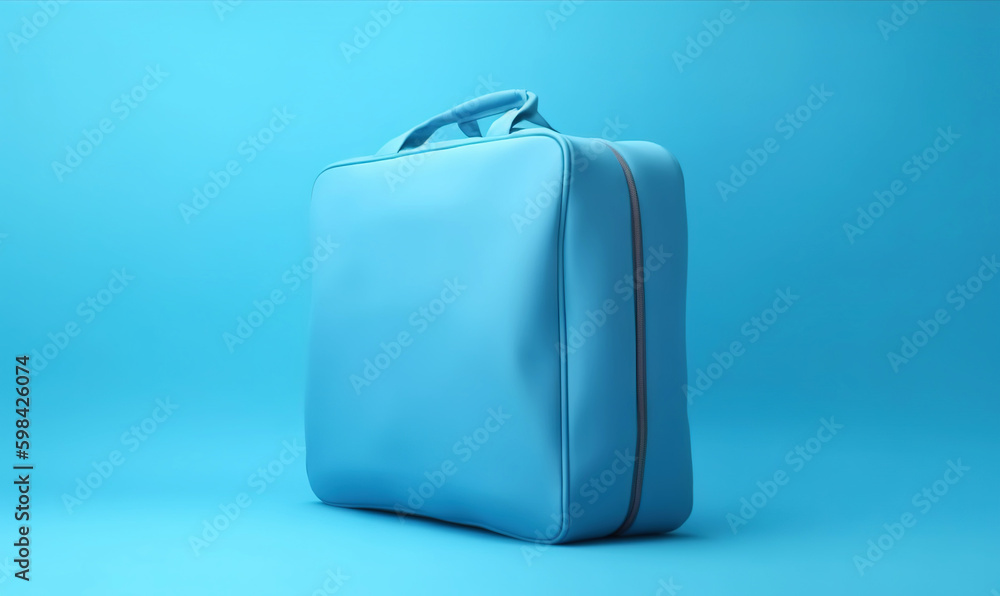 Blue travel suitcase, on blue background. Trip concept. Generative AI