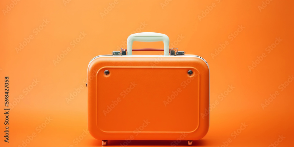 Orange travel suitcase, on orange background. Trip concept. Generative AI