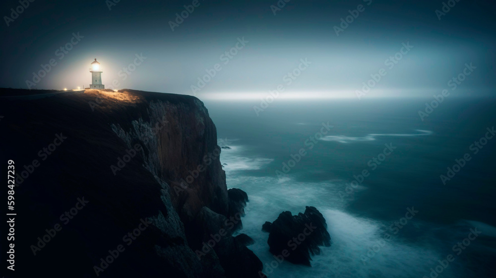 Lighthouse on a cliff edge in stormy and misty weather. Night landscape. Generative AI