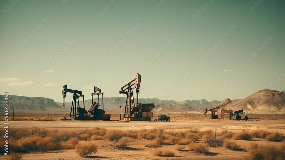 Working oil pumps in desert place. Natural resources industry. Oil rig in dunes. Generative AI