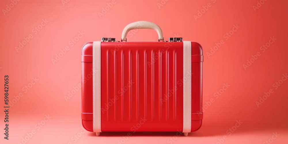 Red travel suitcase, on red background. Trip concept. Generative AI