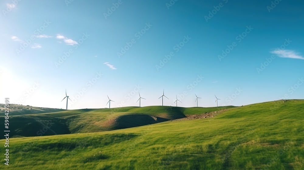 Power generating windmills on green hills. Renewable energy concept. Generative AI