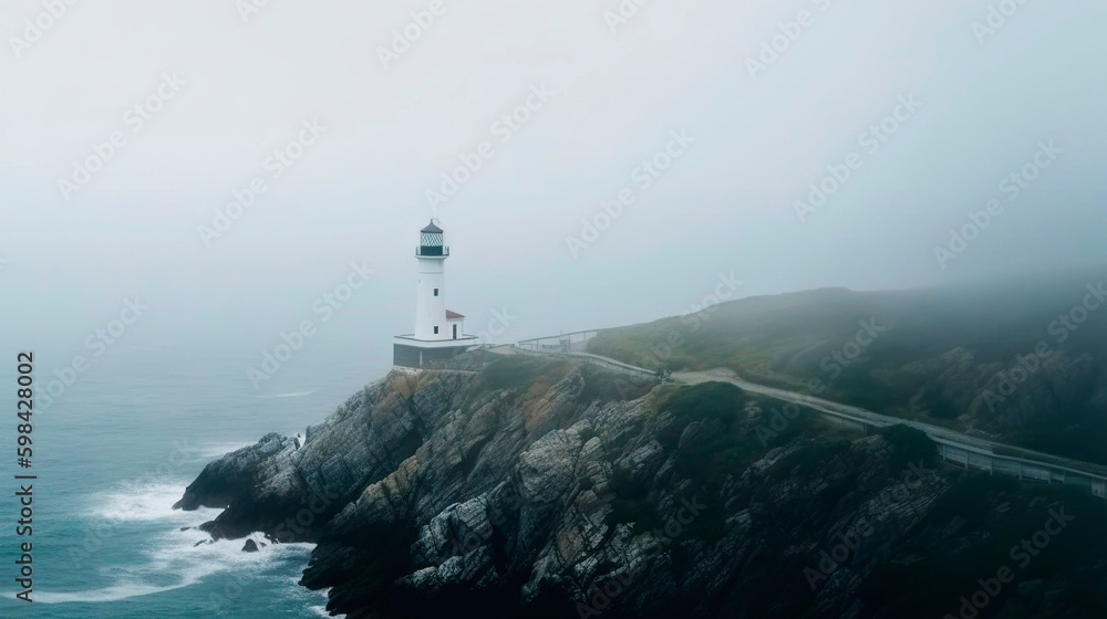 Lighthouse on a cliff edge in stormy and misty weather. Generative AI