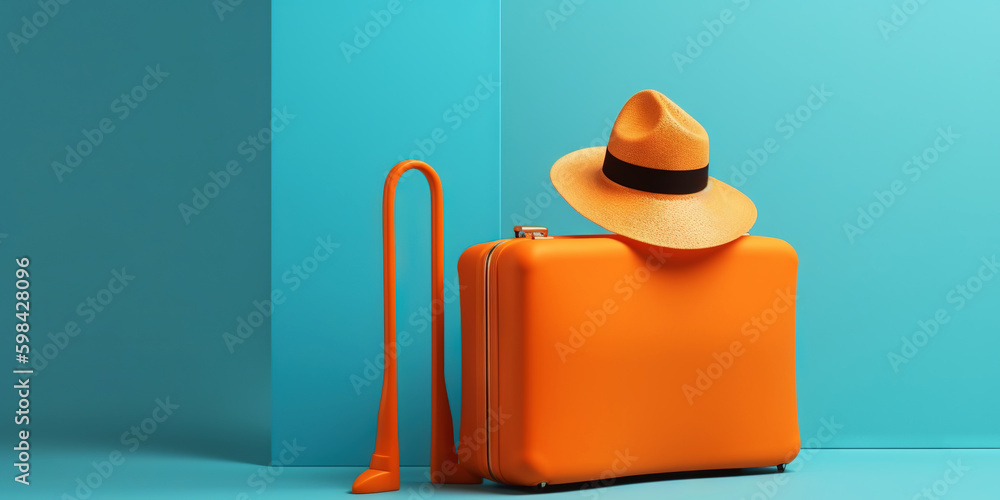 Orange travel suitcase with straw hat, on blue background. Trip concept. Generative AI