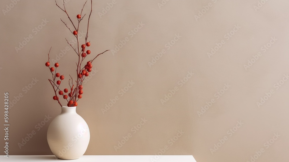 Vase with decorative dry plant branch against beige wall background. Minimalist interior mockup. Gen