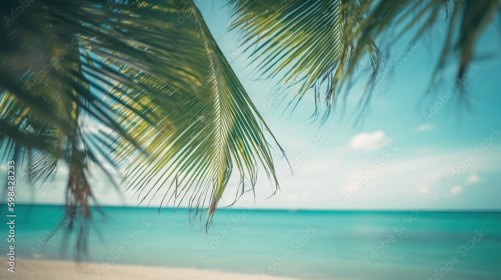 Tropical summer seascape with palm leaves, beach and paradise ocean. Vacation and travel backdrop. G