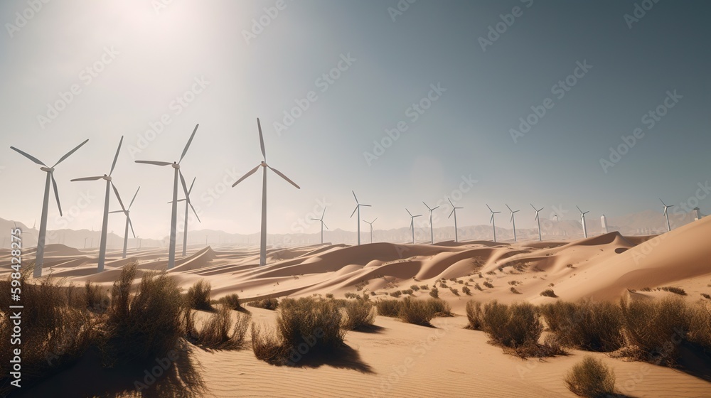 Wind turbines in the desert. Renewable energy concept with sand dunes. Generative AI