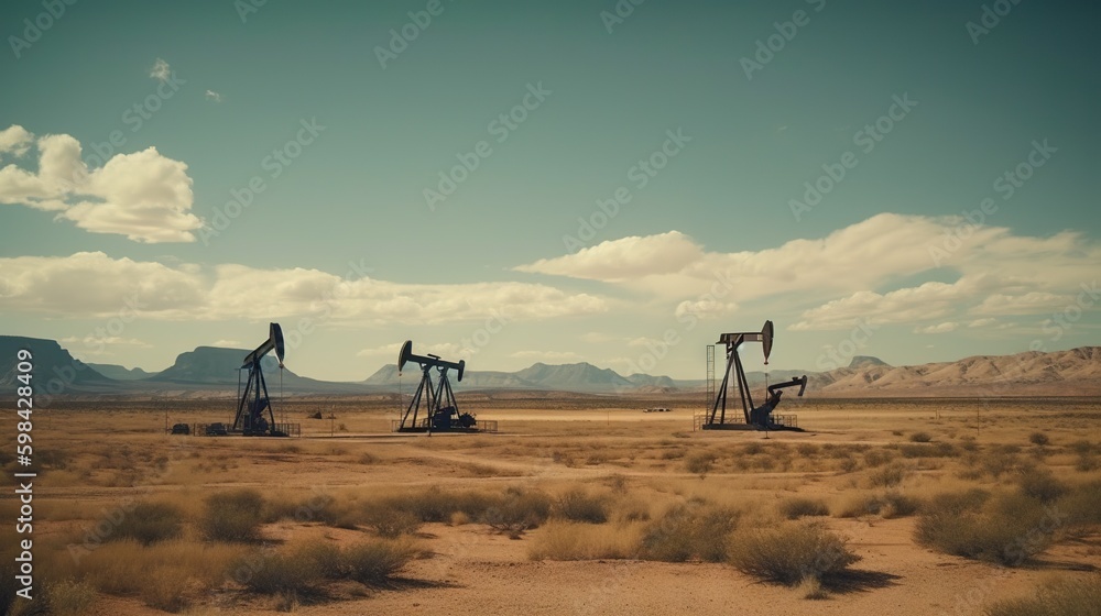 Working oil pumps in desert place. Natural resources industry. Oil rig in dunes. Generative AI