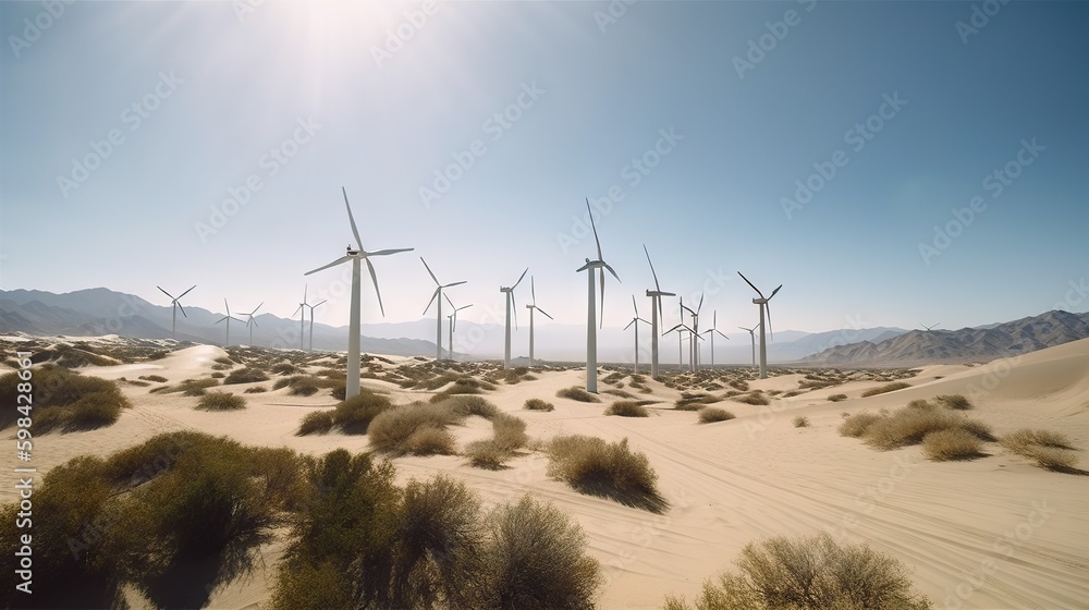 Wind turbines in the desert. Renewable energy concept with sand dunes. Generative AI