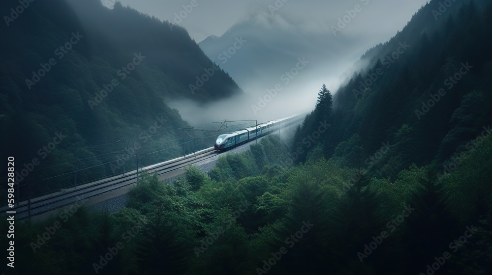 Speed passenger train moving in the mist mountains covered with forest. Generative AI