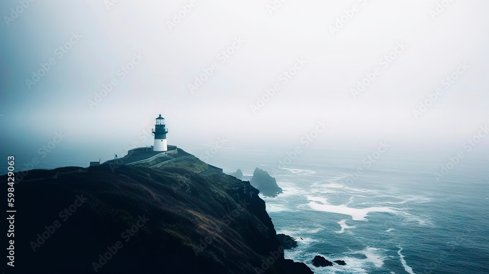 Lighthouse on a cliff edge in stormy and misty weather. Generative AI