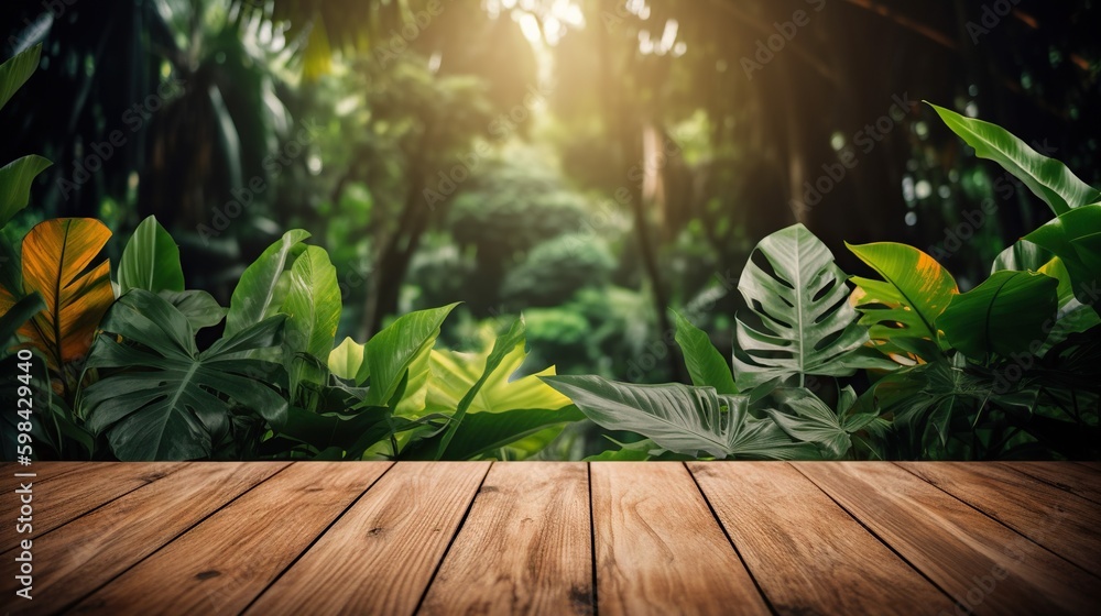 Wood table mockup with tropical jungle on background. Empty copy space for product presentation. Gen