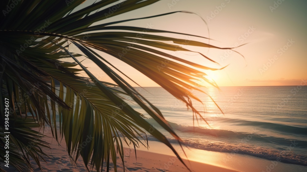 Tropical summer seascape with palm leaves, beach and paradise ocean on sunset. Generative AI