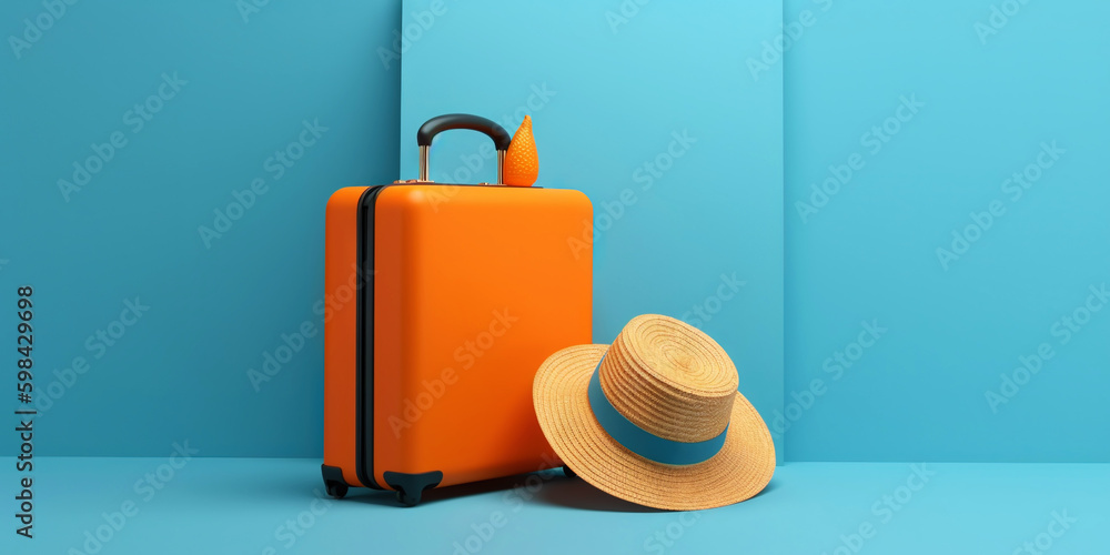 Orange travel suitcase with straw hat, on blue background. Trip concept. Generative AI