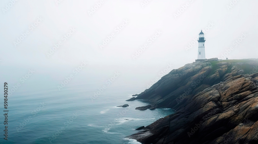 Lighthouse on a cliff edge in stormy and misty weather. Generative AI