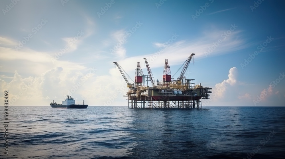 Oil rig in the sea on a sunny day with blue sky. Offshore oil drilling. Generative AI