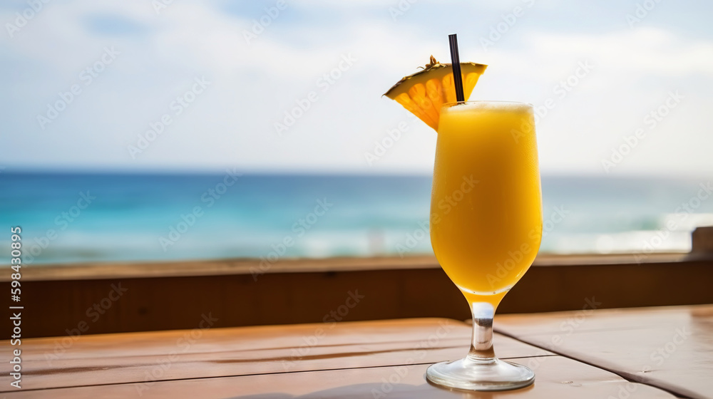 Dirty Monkey cocktail on background with blue sea and sky tropical background. Generative AI