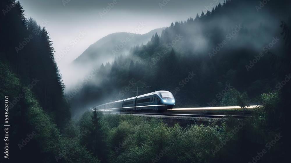 Speed passenger train moving in the mist mountains covered with forest. Generative AI