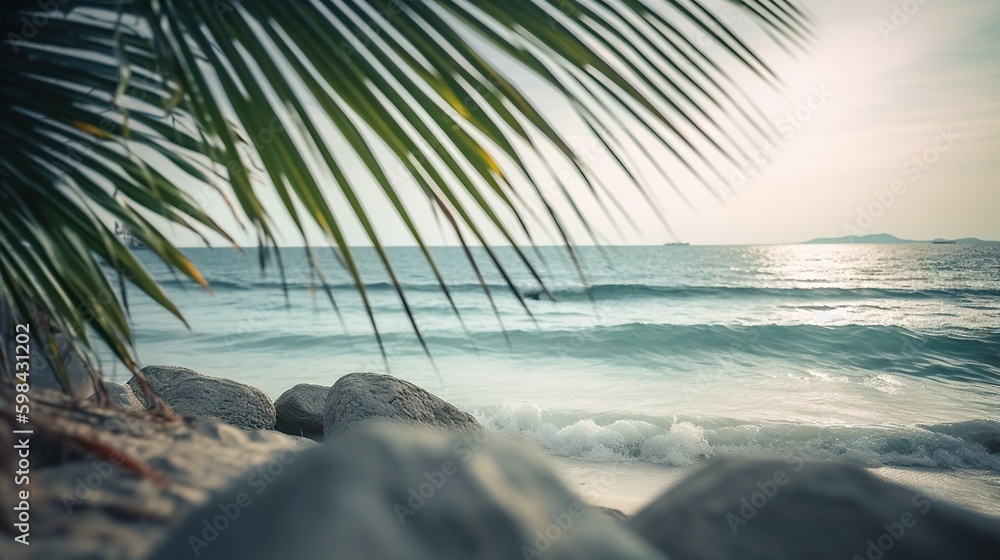 Tropical summer seascape with palm leaves, beach and paradise ocean. Vacation and travel backdrop. G