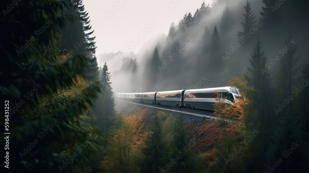 Speed passenger train moving in the mist mountains covered with forest. Generative AI