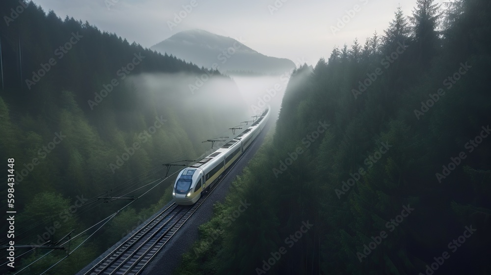 Speed passenger train moving in the mist mountains covered with forest. Generative AI