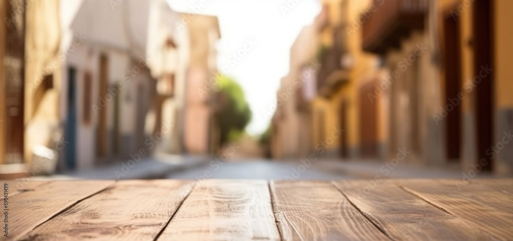 Wood table mockup with Medina city street in shallow depth of field. Copy space for product. Generat