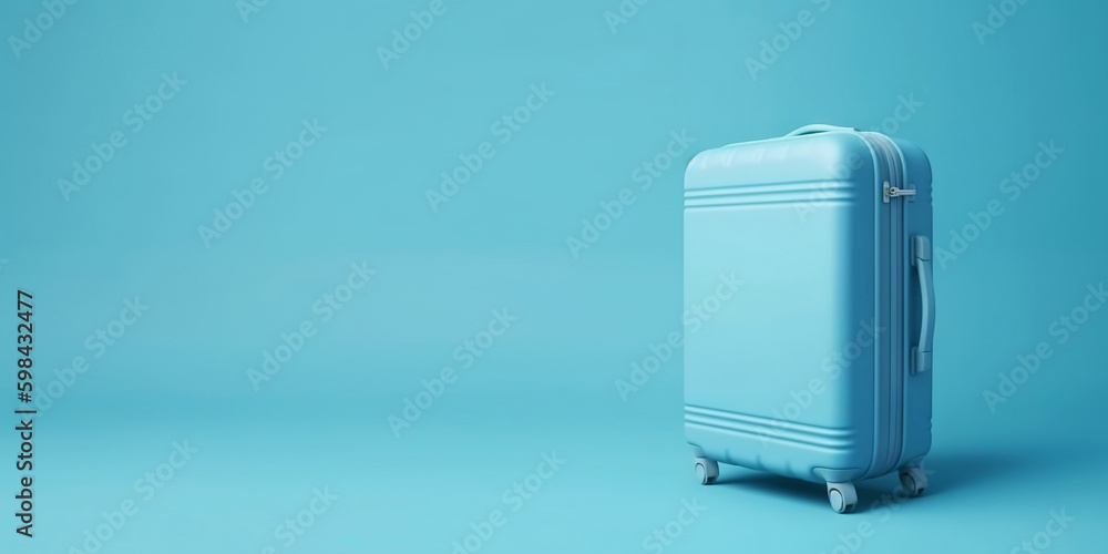 Blue travel suitcase with wheels, on blue background. Trip concept. Generative AI