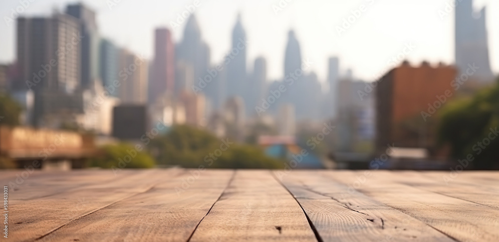 Wood table mockup with Mumbai city street in shallow depth of field. Copy space for product. Generat