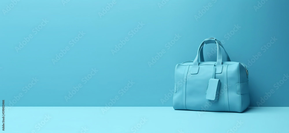 Blue travel suitcase, on blue background. Trip concept. Generative AI