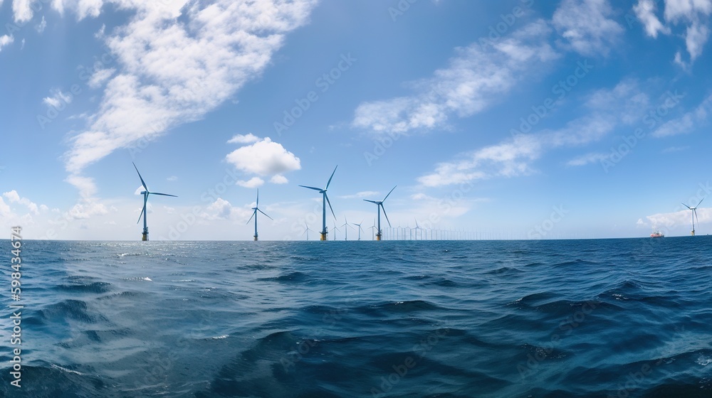 Offshore Windmill farm in the ocean, windmills isolated at sea on a sunny day. Generative AI