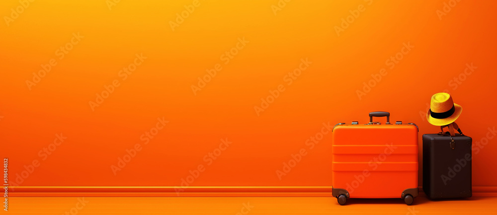 Orange travel suitcase, on orange background. Trip concept. Generative AI