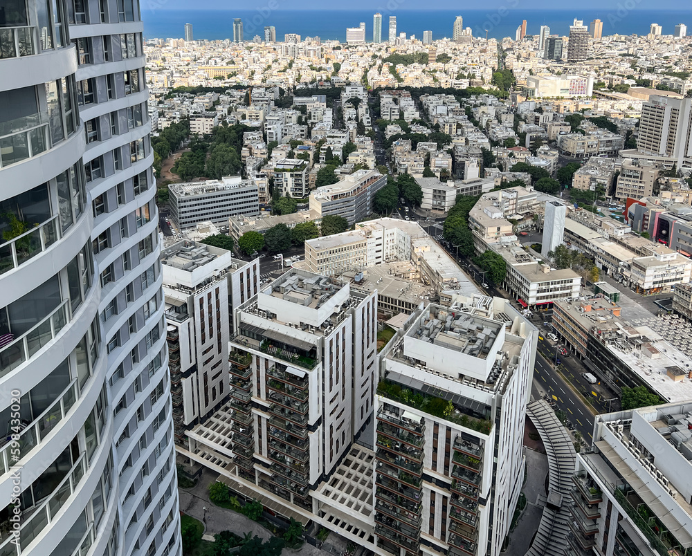 View of seaside city with modern buildings