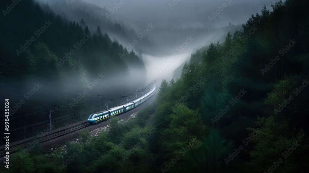 Speed passenger train moving in the mist mountains covered with forest. Generative AI