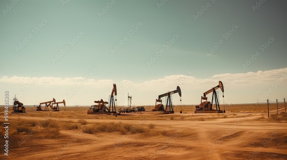 Working oil pumps in desert place. Natural resources industry. Oil rig in dunes. Generative AI