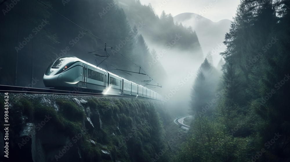 Speed passenger train moving in the mist mountains covered with forest. Generative AI