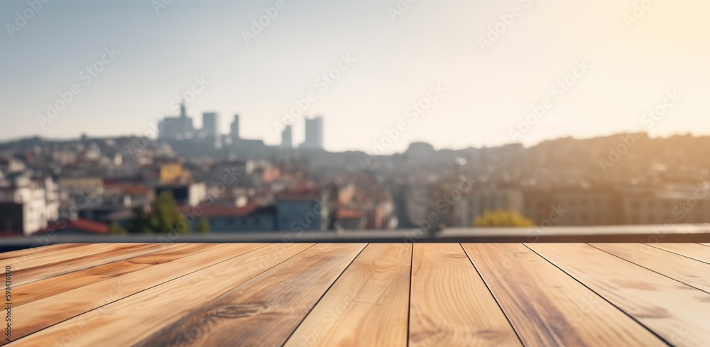 Wood table mockup with Istanbul city street in shallow depth of field. Copy space for product. Gener