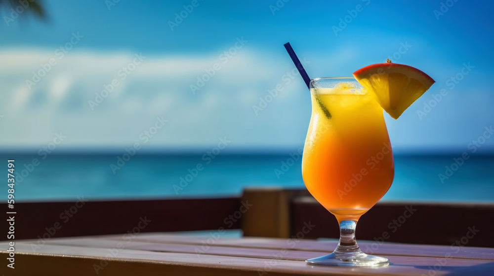 Bay Breeze cocktail on background with blue sea and sky tropical background. Generative AI